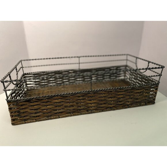 Woven Rectangular Wicker Rattan Basket Handles Metal Frame Organizer - Picture 1 of 9